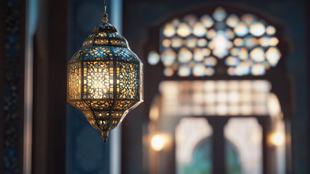 Arabic lantern with intricate geometric patterns on glass. Copy spaceの素材