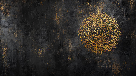 Arabic calligraphy art in gold on a rustic black background. Copy spaceの素材