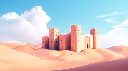 Traditional Arabic fort in UAE desert, open sky with ample text spaceの素材