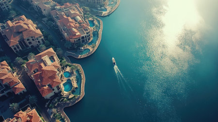 View of luxury villas on Palm Jumeirah, aerial shot with water and sky spaceの素材