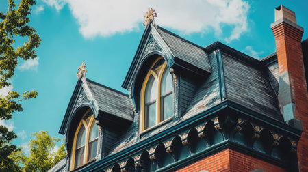 Roofline with cornices and decorative detailing, ample copy space in the sky.の素材