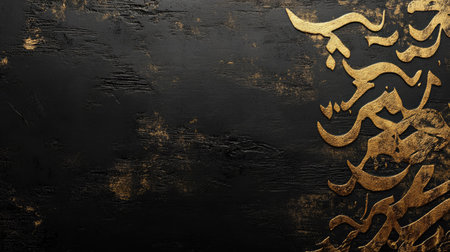 Arabic calligraphy art in gold on a rustic black background. Copy spaceの素材