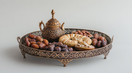Arabian tray with sweets, dates, and a dallah pot. Copy spaceの素材