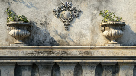 Classic stone wall with textured decorations, ample area for text.の素材