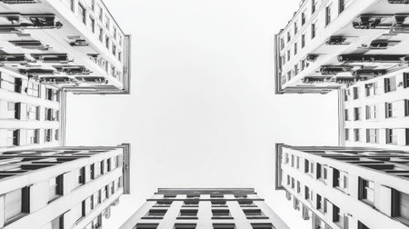 Symmetrical pattern of windows and balconies on urban facade, blank space in the skyの素材