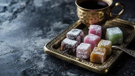 A small brass tray holding Turkish delight and Arabic coffee. Copy spaceの素材