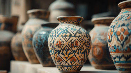 Ancient pottery with traditional Emirati patterns in Dubai. Copy spaceの素材