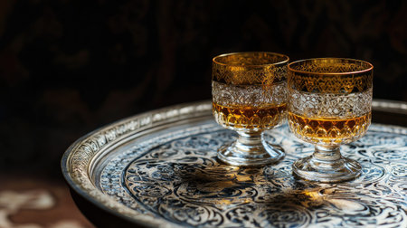 Arabic tea glasses with gold rims on an intricate patterned tray. Copy spaceの素材