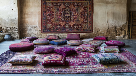 Arabian carpets and floor cushions arranged for a gathering. Copy spaceの素材