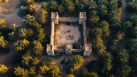 Aerial view of historic Al Ain fort surrounded by palm groves. Copy spaceの素材