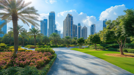 View of downtown Abu Dhabi with modern skyscrapers against a blue sky, copy spaceの素材