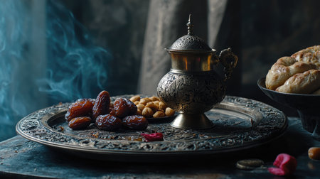 Arabian tray with sweets, dates, and a dallah pot. Copy spaceの素材