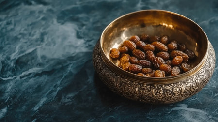 A brass tray of dates and nuts for guests Copy spaceの素材