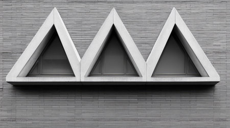 Unique triangular window arrangement on modern building, open background for textの素材