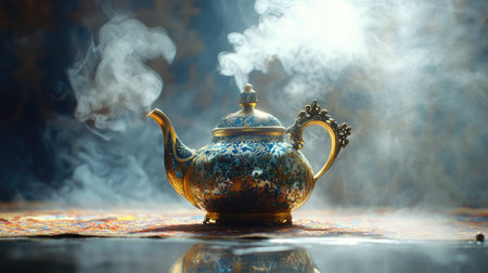 Arabic teapot with decorative handle and hot steam. Copy spaceの素材