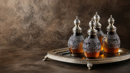A set of ornate oud bottles on a silver tray. Copy spaceの素材