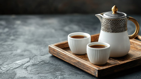 Authentic Emirati coffee pot (dallah) with cups on a wooden tray. Copy spaceの素材