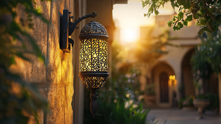 Arabic lantern casting warm light on a heritage scene. Copy spaceの素材