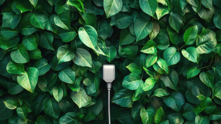 Concept of green energy with plug and green leaves on backdrop. Copy spaceの素材