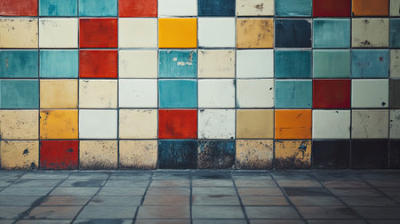 Colorful mosaic tiles decorating a building wall, ample blank space to the side.の素材