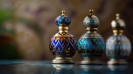 Close-up of traditional Dubai perfume bottles with Arabic designs. Copy spaceの素材