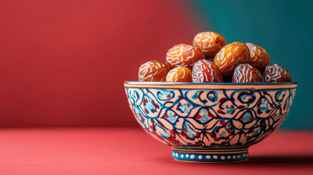 Decorated ceramic bowls filled with traditional dates. Copy spaceの素材