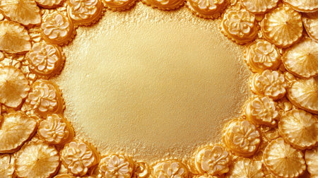 Close-up of golden Arabic sweets arranged in a circular pattern. Copy spaceの素材