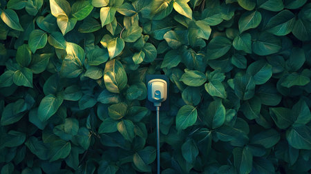 Concept of green energy with plug and green leaves on backdrop. Copy spaceの素材