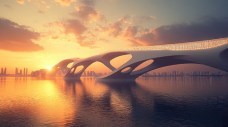 Abu Sheikh Zayed Bridge with unique design, against a dusk sky, with space for messages.の素材