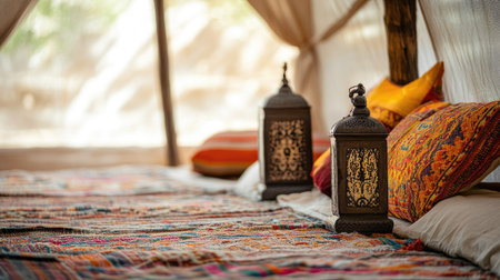Classic tent setup with decorative cushions. Copy spaceの素材