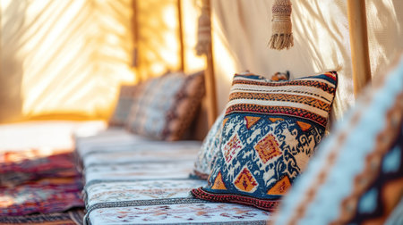 Classic tent setup with decorative cushions. Copy spaceの素材