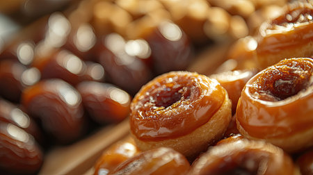 Close-up of traditional Arabic pastries and dates. Copy spaceの素材