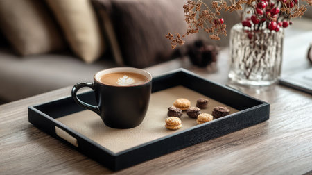 Decorative tray with coffee and sweets for guests. Copy spaceの素材