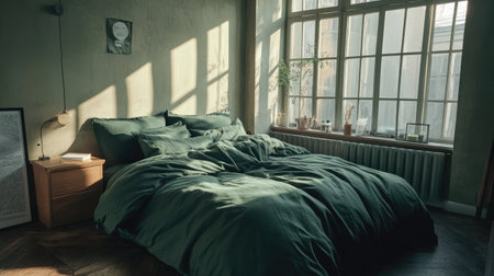 Bed with deep green duvet and stylish pillows in an airy bedroom. Copy spaceの素材