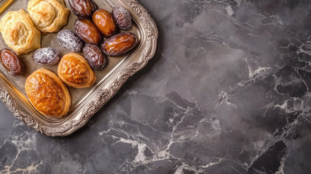 Dates and pastries served on a silver-plated tray. Copy spaceの素材