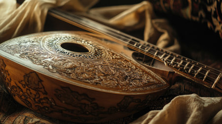 instrument with engraved wooden details. Copy spaceの素材