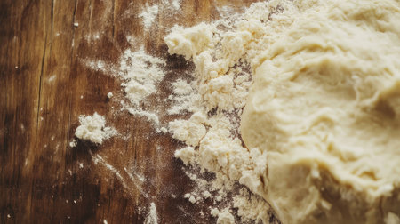 Close-up of wheat flour dough being rolled on a wooden surface. Copy spaceの素材