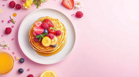 Chebab pancakes topped with fresh fruits and honey syrup. Copy spaceの素材