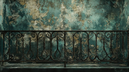 Detail of vintage metal balcony railings, open space for text in the frame.の素材
