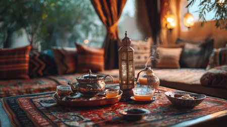Emirati Majlis setup with coffee and Arabian decor. Copy spaceの素材