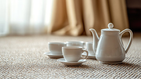 Coffee pot and cups arranged on a carpeted floor for guests. Copy spaceの素材