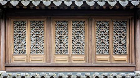 Detailed lattice window on traditional architecture, ample copy area.の素材