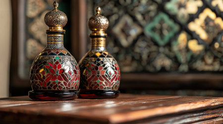 Close-up of traditional Dubai perfume bottles with Arabic designs. Copy spaceの素材