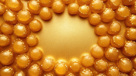 Close-up of golden Arabic sweets arranged in a circular pattern. Copy spaceの素材