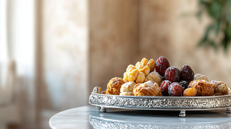 Dates and pastries served on a silver-plated tray. Copy spaceの素材
