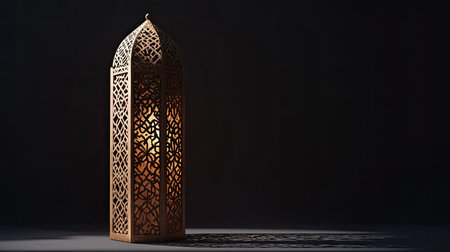 Carved Arabian lantern casting intricate shadow patterns. Copy spaceの素材