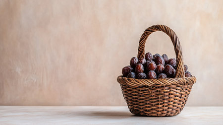 Dates arranged in a traditional woven basket in Dubai. Copy spaceの素材