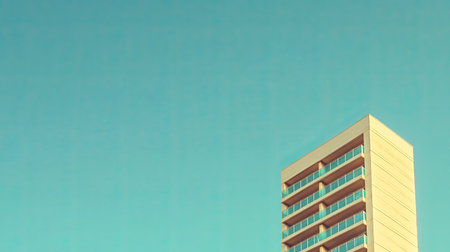 Minimalist view of a UAE skyscraper against blue sky, with open copy spaceの素材