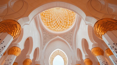 Intricate Islamic patterns in UAE mosque dome, with blank space aboveの素材