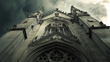 Gothic architectural details on historic building, ample sky space for copyの素材